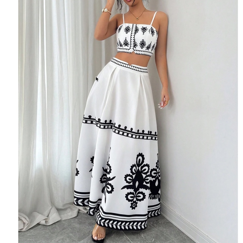 Boho Allover Print Smocked Cropped Cami top Maxi Skirt Set - Picture 2 of 4